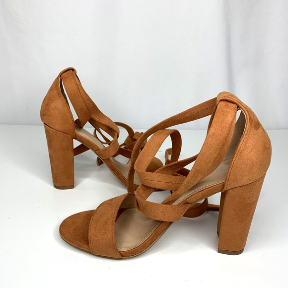 Womens High Heel Lace Up Strappy Suede Sandals Size 7 Brown Camel Block Heel - Picture 10 of 11